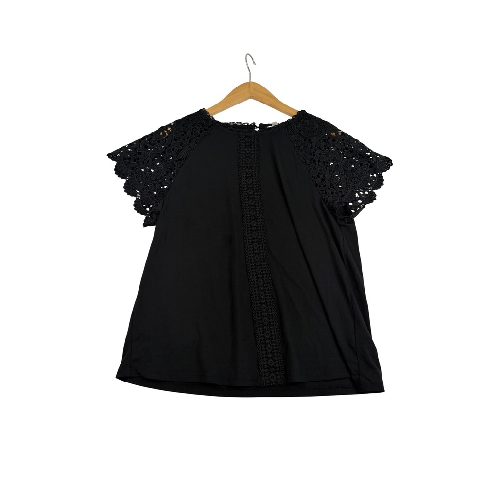 Cable & Gauge Womens Black Crochet Lace Raglan Short Sleeve Top M Keyhole Back